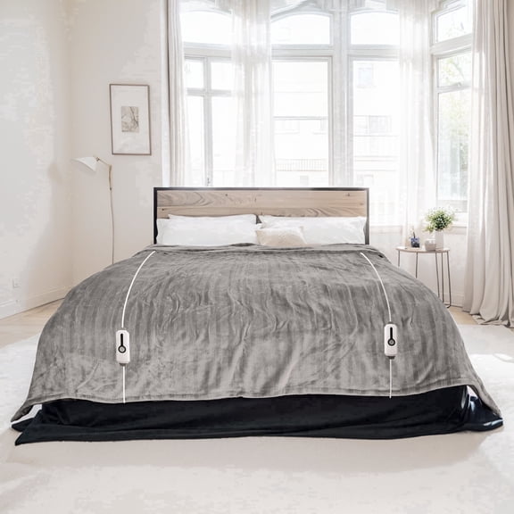 Electric Heated Blanket 84'' x 90'' Queen Size Flannel Machine Washable, Warm and Cozy all Night, Dual Control-Grey