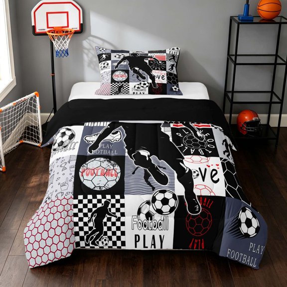 Manfei Soccer Sport Twin Comforter Sets, Play Football Print Bedding Set, Black Red Twin Comforter Sets, Black Reversible 2 Pieces 1 Comforter and 1 Pillowcase