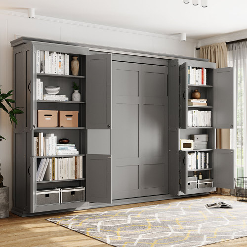 Full-Size Murphy Bed with 2 Sliding Cabinets and 12 Open Shelves, Hydraulic Hidden Wall Bed System, Space-Saving Design for Modern Homes, Gray