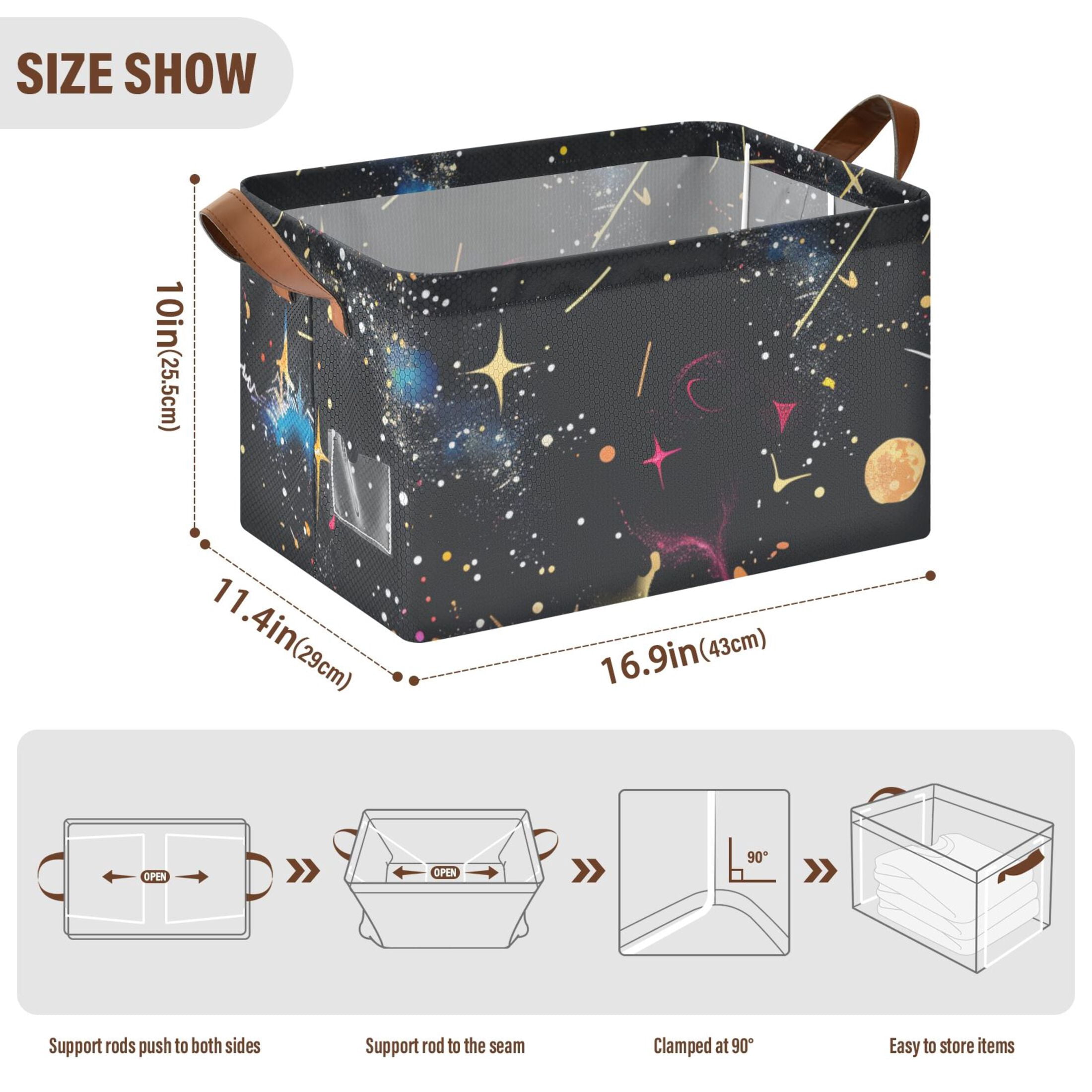 Ryvnso Glittering Galaxy Black Storage Bins Large Basket Foldable Cube Toys Organizer with Handles 2 PCs