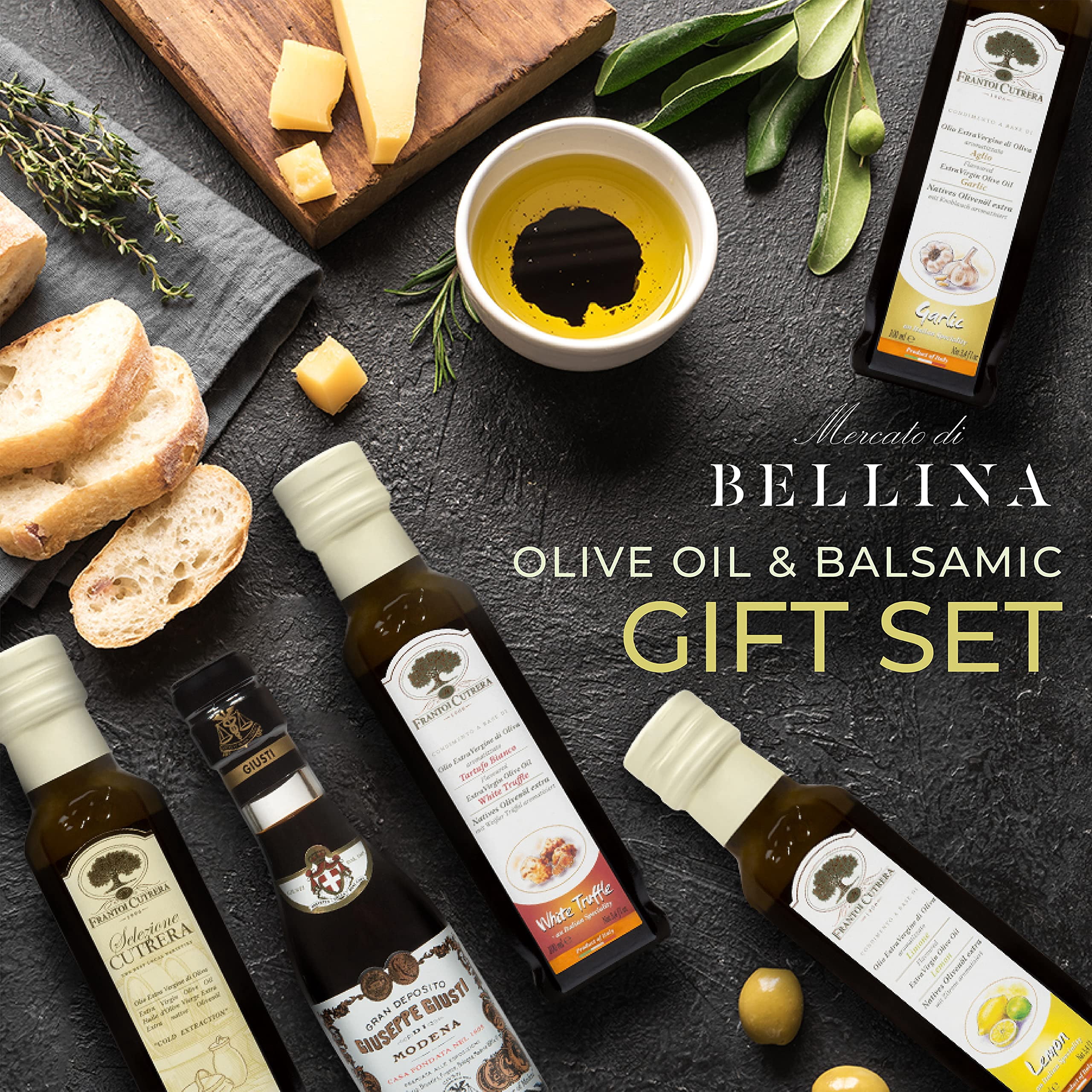 Mercato di Bellina Italian Olive Oil and Balsamic Gift Set - Mini Balsamic Vinegar, Truffle, Garlic and Lemon Flavored Olive Oil Gift Set for Cooking & Dipping Bread - Imported from Italy