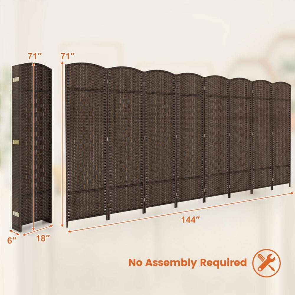 Spaco 8-Panel 6 Feet Tall Room Divider, Folding Room Divider with Hand-Woven Texture, Privacy Screen with Solid Wood Frame for Indoor, Brown