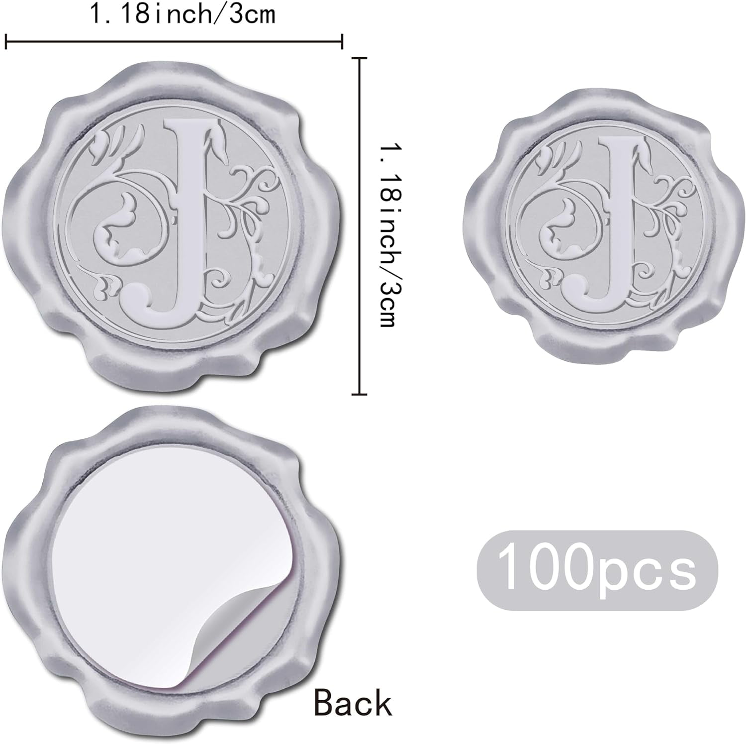 100Pcs Letter J Wax Seal Sticker Wedding Vintage Invitations Silver Sealing Initial Label Decal Self Adhesive for Gift Wrapping Birthday Greeting Cards Making Christmas Valentine Day Silver