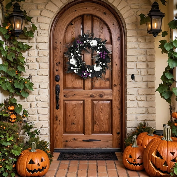 AKEGAMN Halloween Black Wreaths With Decorations Garland Of White Pumpkins Create A Mysterious Holiday Atmosphere and friendly material selection: This wreath is made of high-quality friendly materi