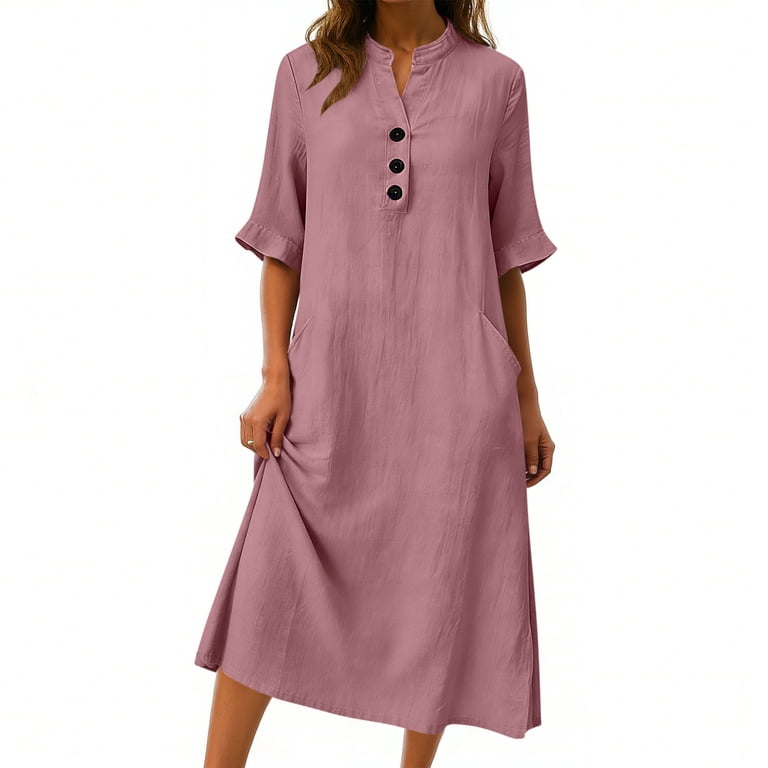 3/4 Sleeve Linen Midi Dress for Women Summer Loose Button Up Stand Collar A-Line Beach Vacation Dresses with Pockets