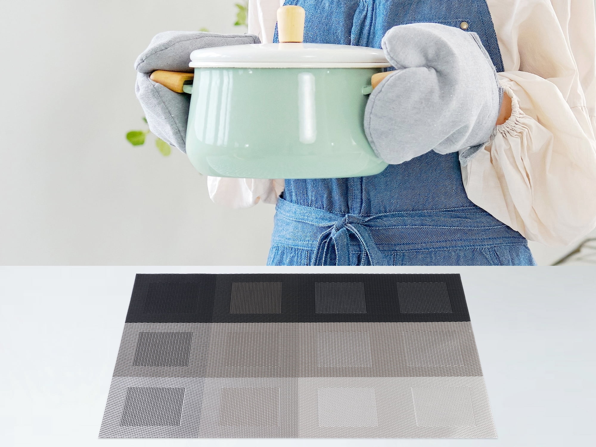 Unique Bargains Placemats Set of 6 for Dining Table Decor Washable Table Mat Gray Black
