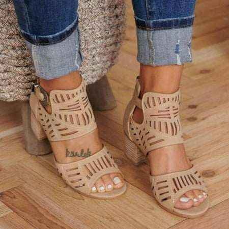 Ladies Ankle Buckle Sandals  Roman Sandals Casual Summer Hollow Open Toe High Chunky Heel Booties