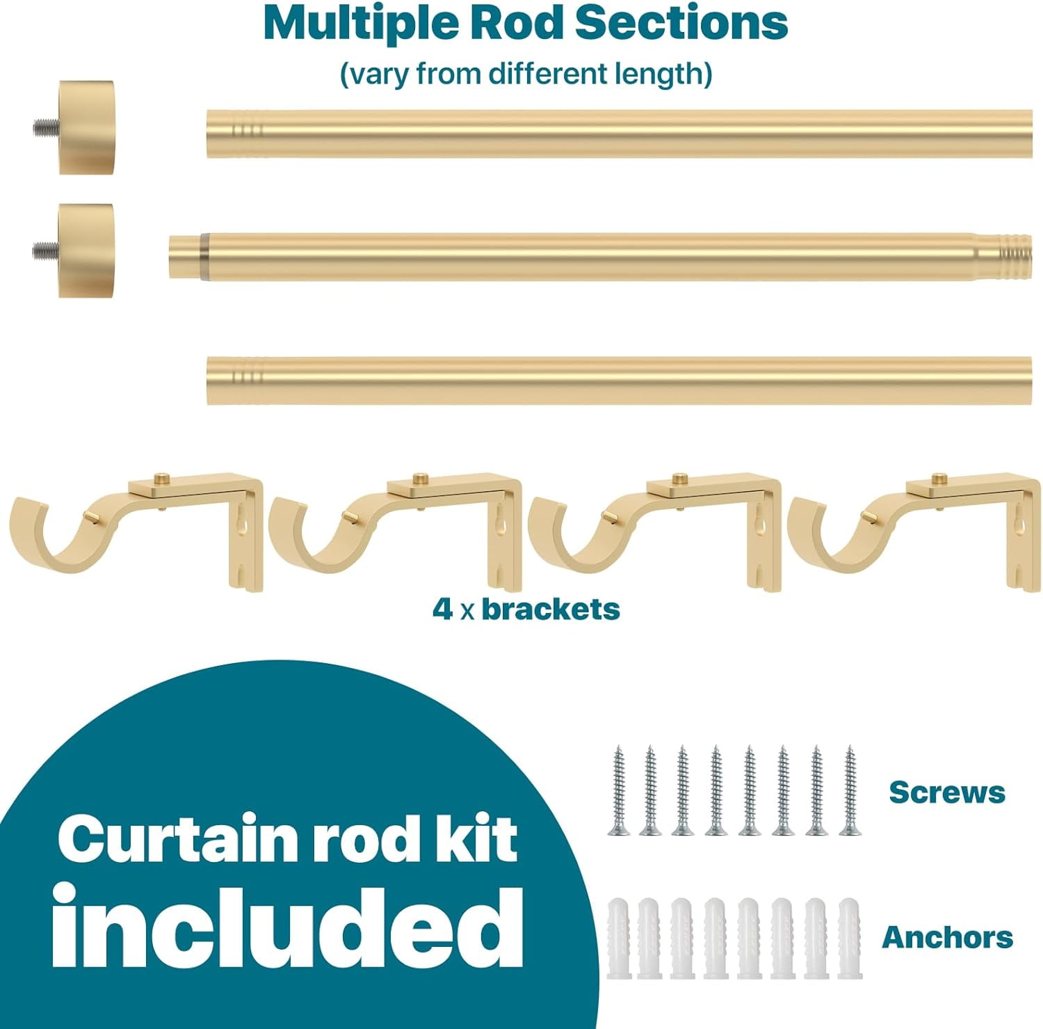Gold Extra Long Curtain Rod 30 to 240 inch, Heavy Duty Curtain Rods for Windows with Modern End Caps, 1 inch Drapery Rods Set for Outdoor Patio, Adjustable Curtain Rod for Room, Gold