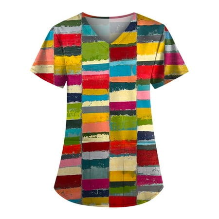 

HIMIWAY Plus Size Cute Printed Scrub Working Uniform Tops For Women V-Neck Short Sleeve Fun T-Shirts Workwear Tee With Pockets
