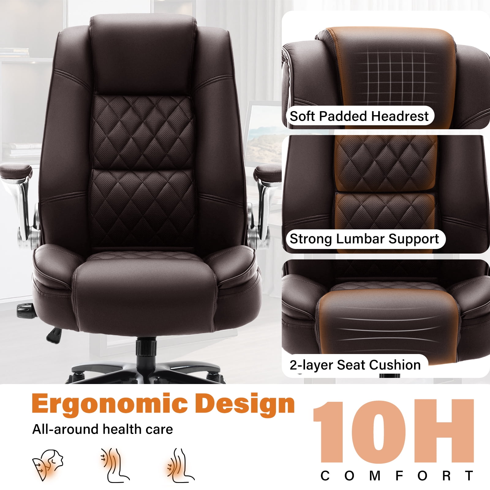 High Back Office Chair with Lumbar Support, Large Upholstered Executive Desk Chair, Faux Leather Computer Chair with Flip-up Arms, Rubber Wheels