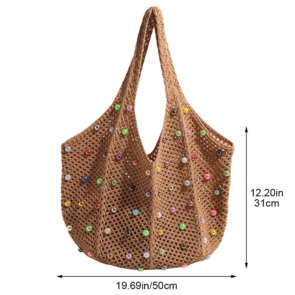 Jiibva Crochet Beach Bags Woven Travel Tote Boho Shoulder Bag Hollow Knitting Handbag Mesh Shoulder Bag Women Knitted Handbags for Holiday, Daily Work