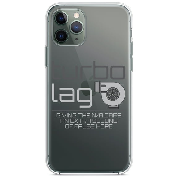 DistinctInk Clear Shockproof Hybrid Case for iPhone 11 (6.1" Screen) - TPU Bumper Acrylic Back Tempered Glass Screen Protector - Turbo Lag - Giving N/A Cars False Hope