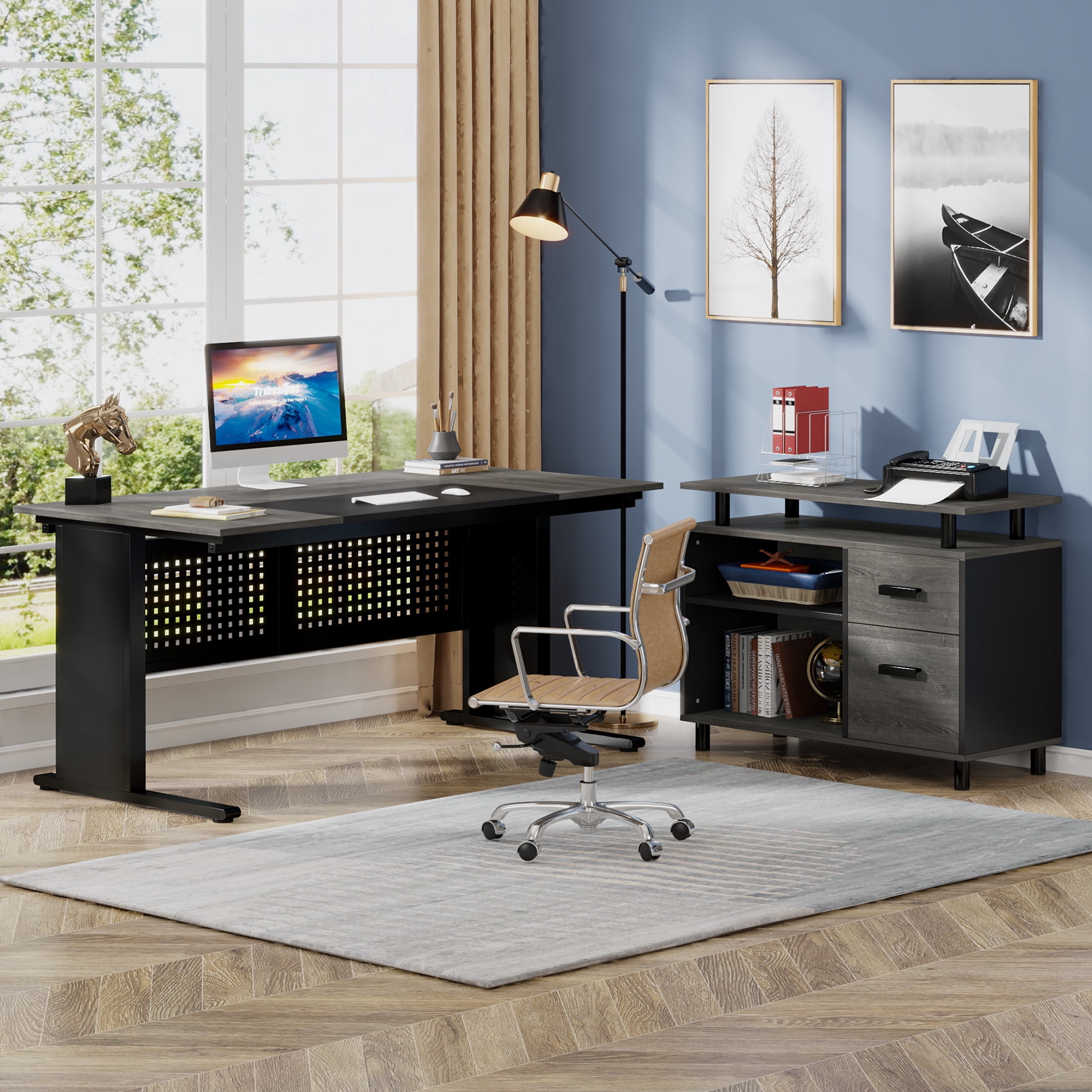 Tribesigns 63 Inch Executive Desk with File Cabinet, L Shaped Computer Desk with Drawers and Storage Shelves, Large Office Desk Business Furniture Desk Workstation for Home Office, Gray and Black