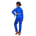 thumbnail image 2 of TiaoBug Kids Girls Latin Dance Outfit 2 Piece Cold Shoulder Long Sleeve Tassels Crop Top with Fringe Pants Set Royal Blue 14, 2 of 5
