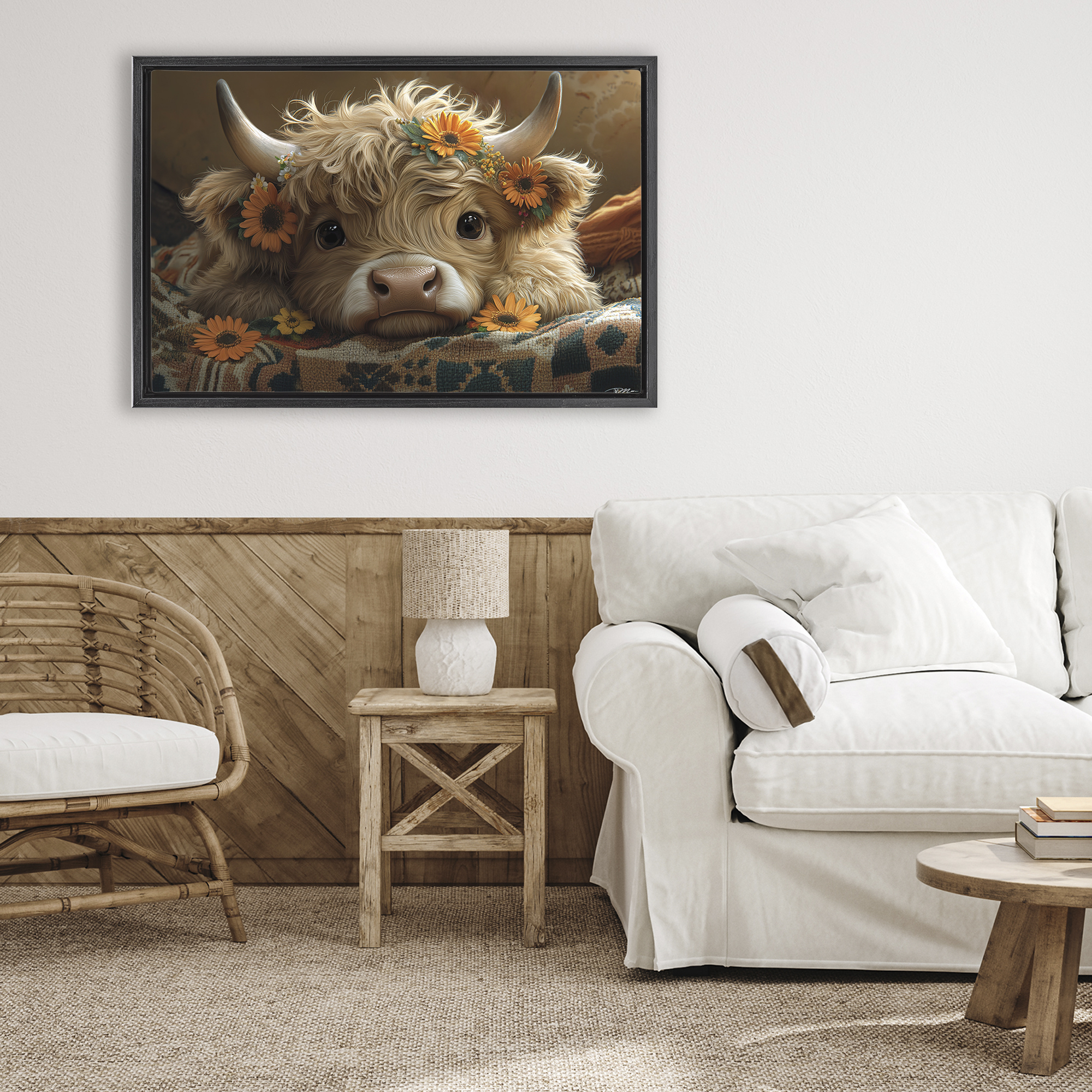Adorable Flower Bedecked Cattle Black Framed Floater Canvas Wall Art, design by Momart
