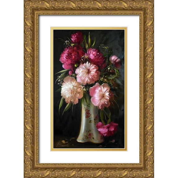 Perminova, Elena 16x24 Gold Ornate Wood Framed with Double Matting Museum Art Print Titled - Peonies in Vase