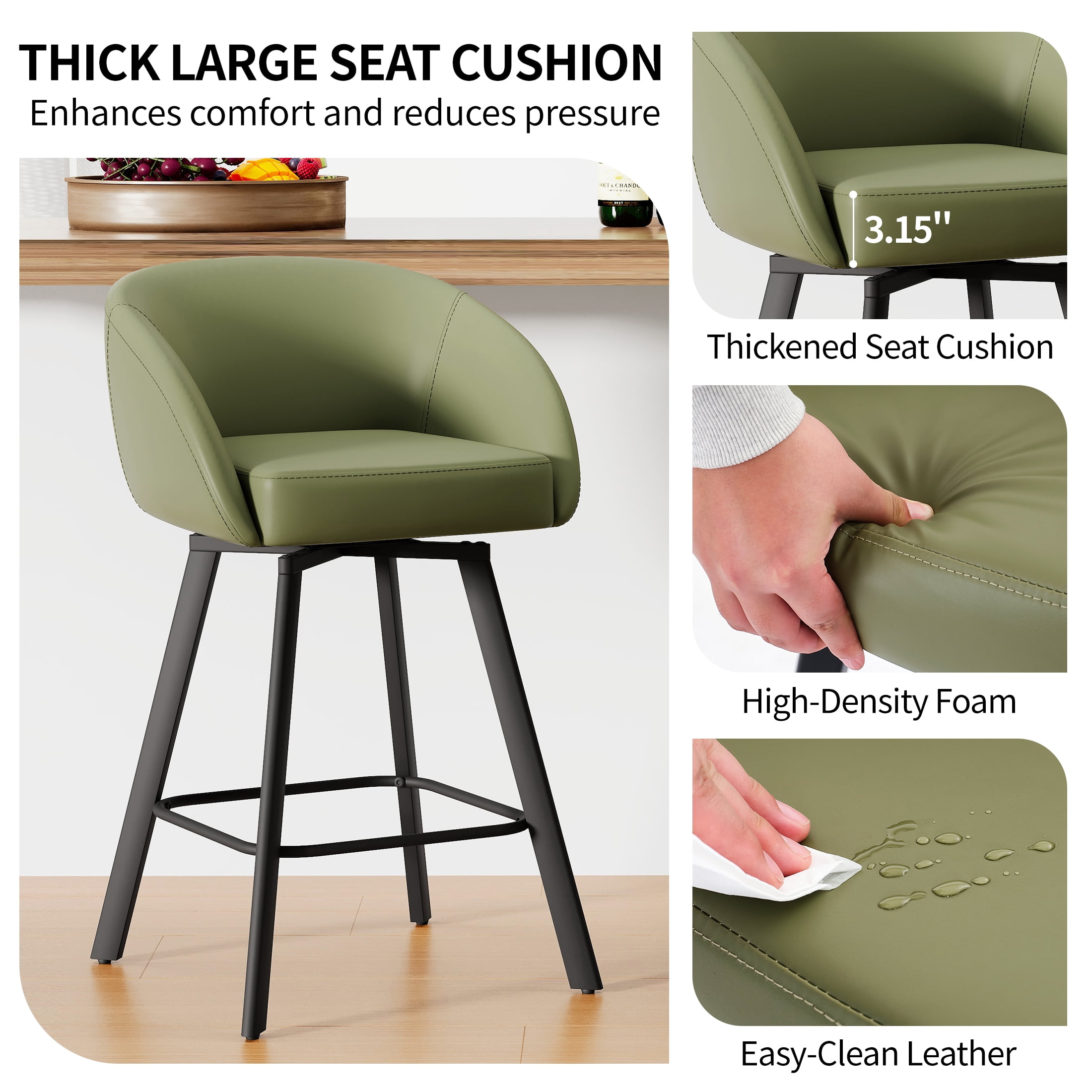 FIRAVOE Bar Stools Set of 2, Swivel Counter Height Bar Stools with Back & Arms (26") Modern Faux Leather Bar Chairs for Kitchen Island, Green