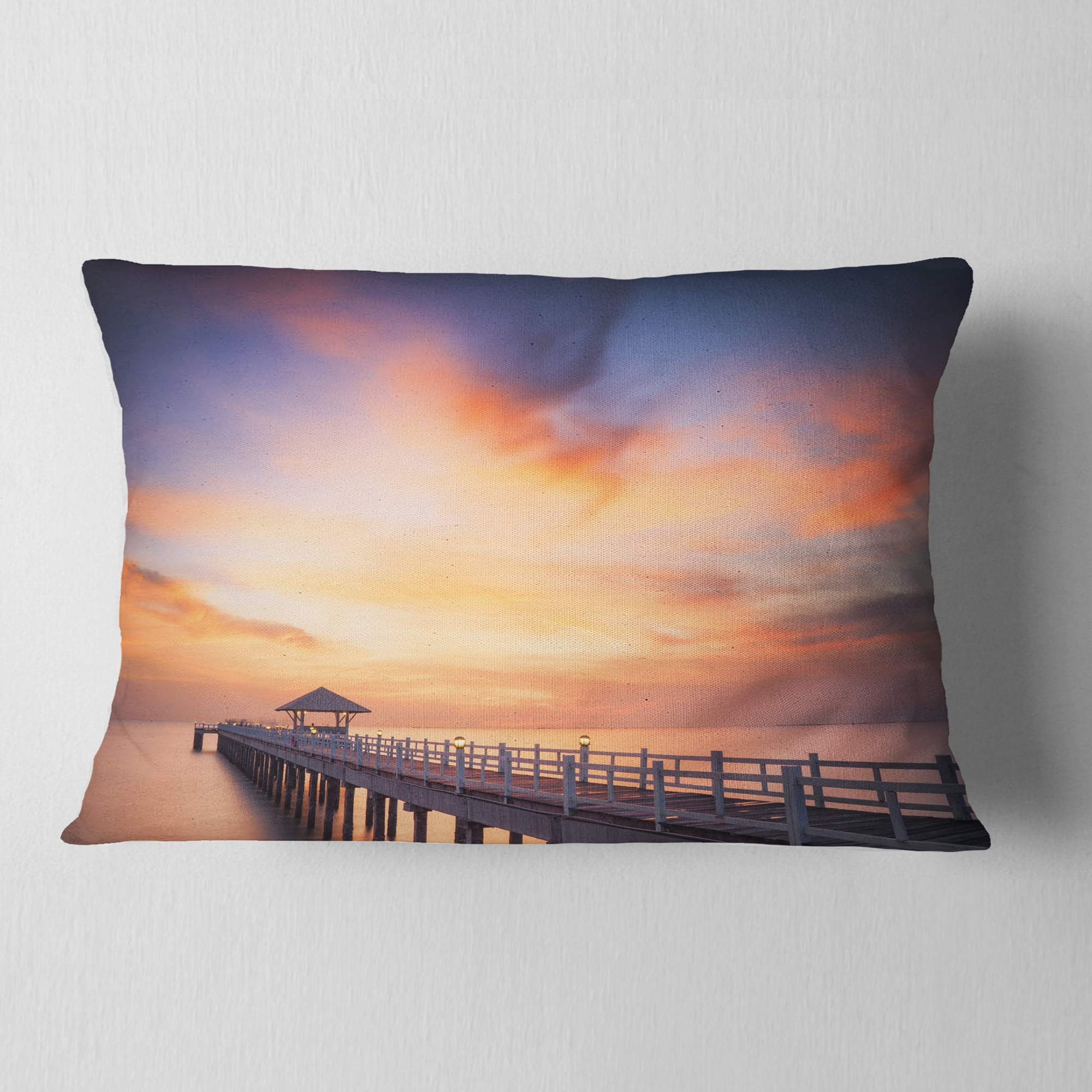 Designart Infinite Wooden Bridge under Clouds - Sea Bridge Throw Pillow - 12x20