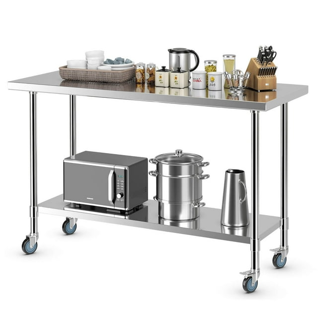 Gymax 24'' x 60 '' Stainless Steel Work Table Kitchen Prep Work Table w/ wheels Silver