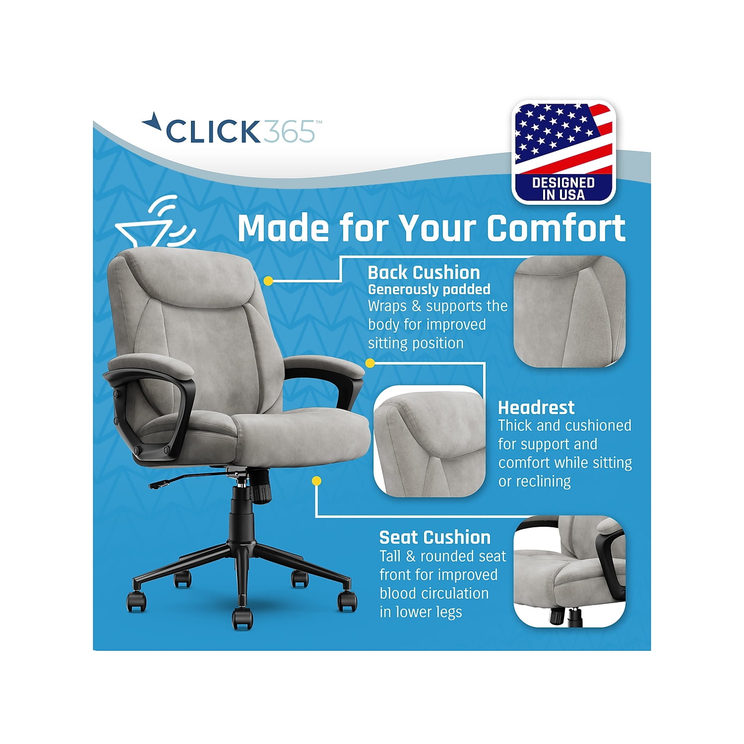 Click365 Transform 1.0 Ergonomic Mid Back Desk Chair Fabric Light Grey