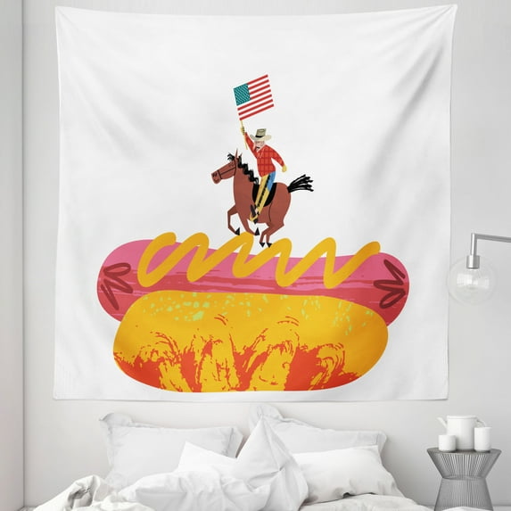 American Flag Design Tapestry, Cowboy Riding Horse on a Hot Dog and Texas Style USA Illustration, Fabric Wall Hanging Decor for Bedroom Living Room Dorm, 5 Sizes, Multicolor, by Ambesonne
