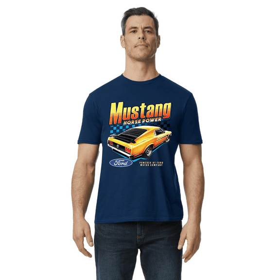 Decked Out Duds Apparel Ford Mustang T-shirt Mens Cotton Tee Short Sleeve Blue