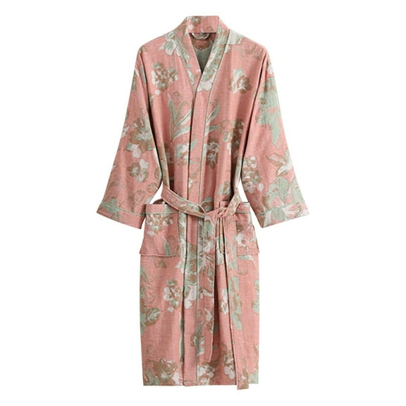 Tao Tao Women's V Neck Double Layer Gauze Long Sleeve With Pocket Belt Bathrobe Japanese Style Kimono Bathrobe Pyjamas Yukata Pink L