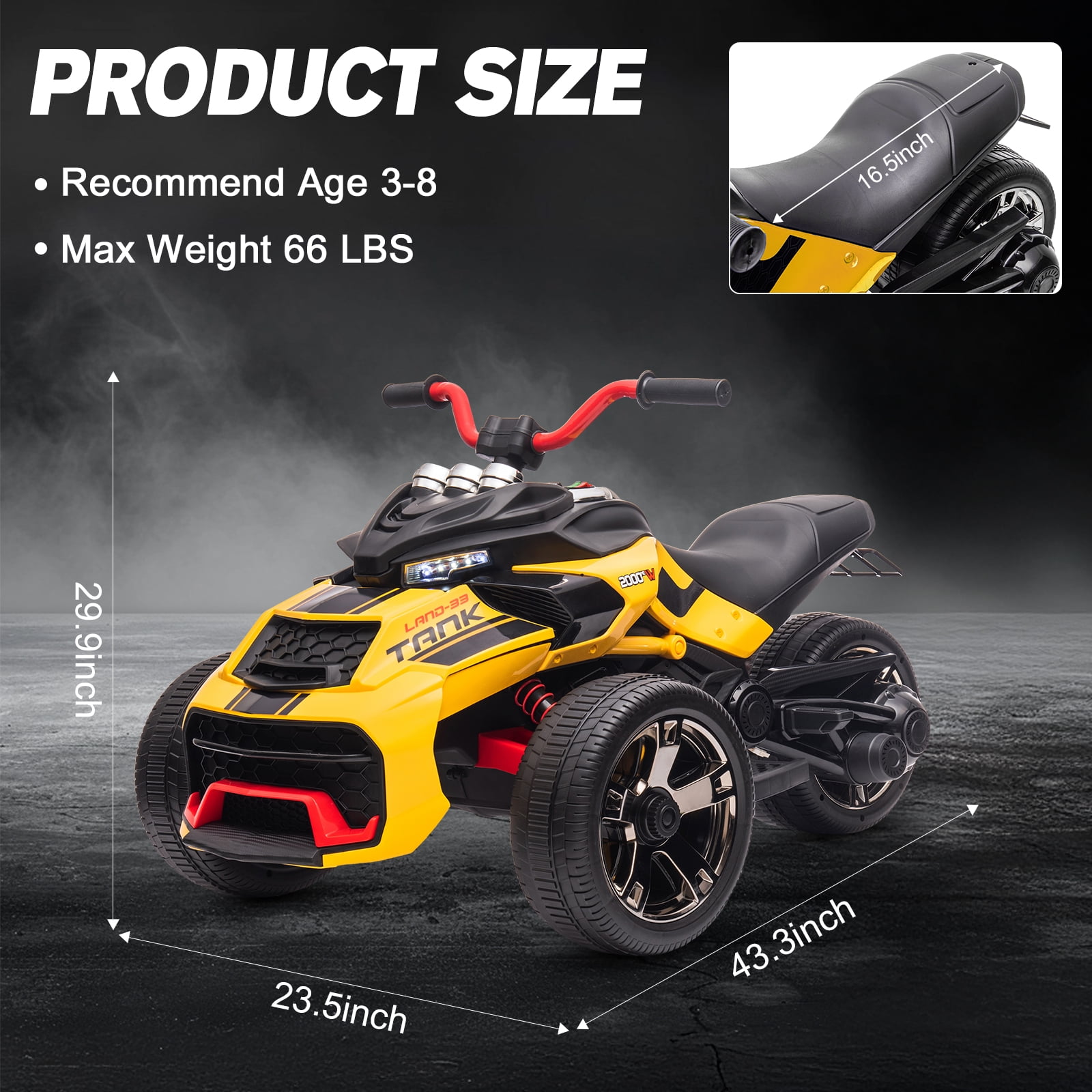 12V Kids Ride On ATV Car, MUKIDY 2 Wheeler Motorcycle Electric Vehicle ATV with LED, Music,Ride on Car Toy for Boys and Girls -Yellow