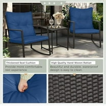 SUNCROWN 3 Piece Outdoor Rocking Bistro Set Black Wicker Furniture Porch Chairs Conversation Sets with Glass Coffee Table, Dark Blue