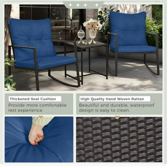 SUNCROWN 3 Piece Outdoor Rocking Bistro Set Black Wicker Furniture Porch Chairs Conversation Sets with Glass Coffee Table, Dark Blue
