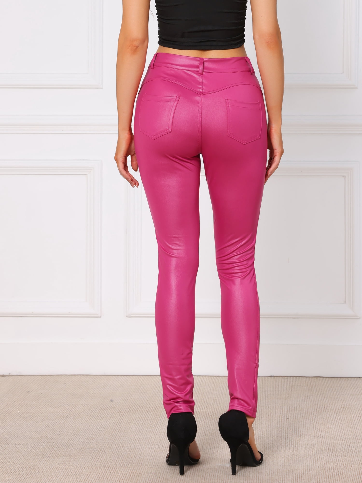 DARING DIVA Women High Waist Stretch Legging Faux Leather Pants Small Hot Pink