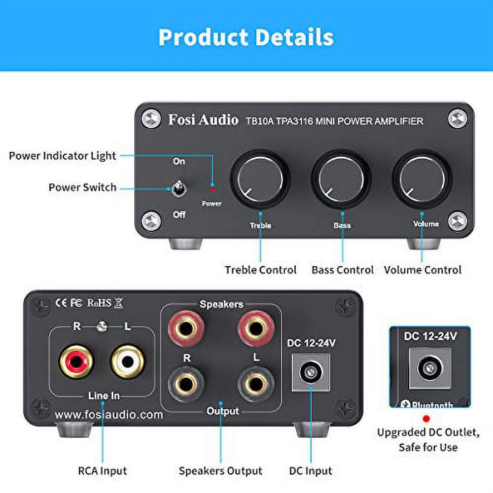 2 Channel Stereo Audio Amplifier Receiver Mini Hi-Fi Class D Integrated Amp 2.0CH for Home Speakers 100W x 2 with Bass and Treble Control TPA3116(with Power Supply) - Fosi Audio TB10A - image 3 of 3