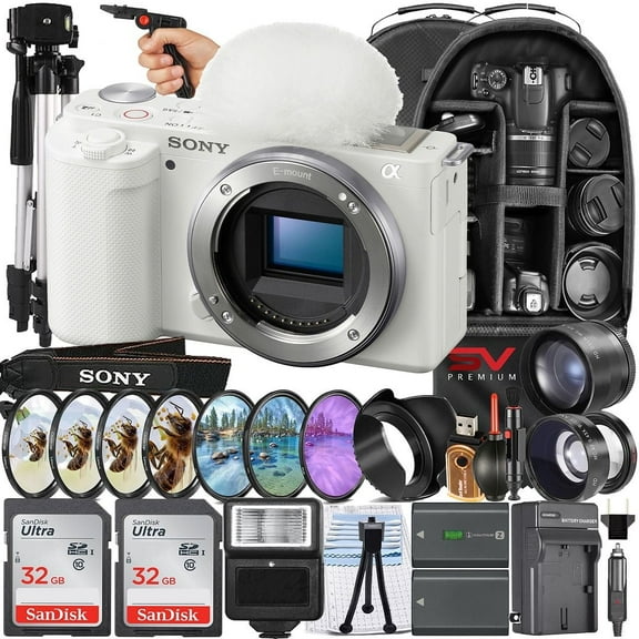 Sony ZV-E10 II Mirrorless Camera (White) (Body Only)   2 Pack 32GB Memory Card   Backpack   Filter Kit   Full Size Tripod   SV Premium Accessory Bundle (International Model)