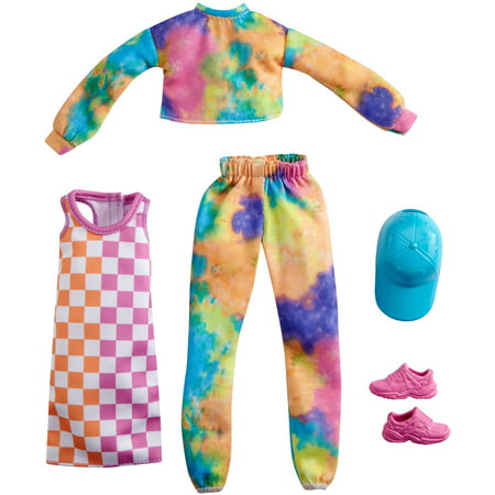 Barbie Fashions 2-Pack Clothing Set for Barbie Doll with Tie-Dye Joggers & Sweatshirt, Checked Dress, Blue Cap & Pink Sneakers
