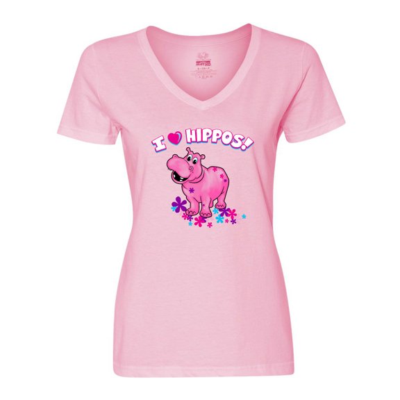 Inktastic I Love Hippos with Pink Hippo and Flowers Women's V-Neck T-Shirt