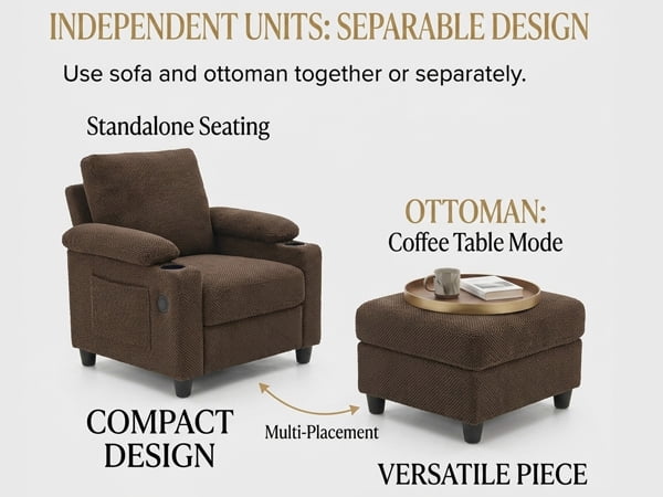 Leumius Accent Chair and Storage Ottoman,Single Sofa Chair with Chaise,Convertible Sleeper Bed W/Reclining Backrest,Cupholders,USB-C Ports,Coffee