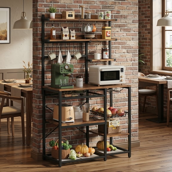 IRONCK 7-Tier Bakers Rack Kitchen Storage Shelf, Microwave Coffee Bar Station with Power Outlet, Wire Basket & Hooks