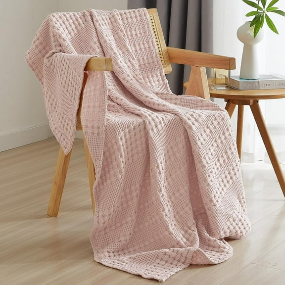 PHF 100% Cotton Waffle Weave Blanket, Lightweight Throw Washed Blanket for Bed Sofa Home Decor, Pink, 50"x60"