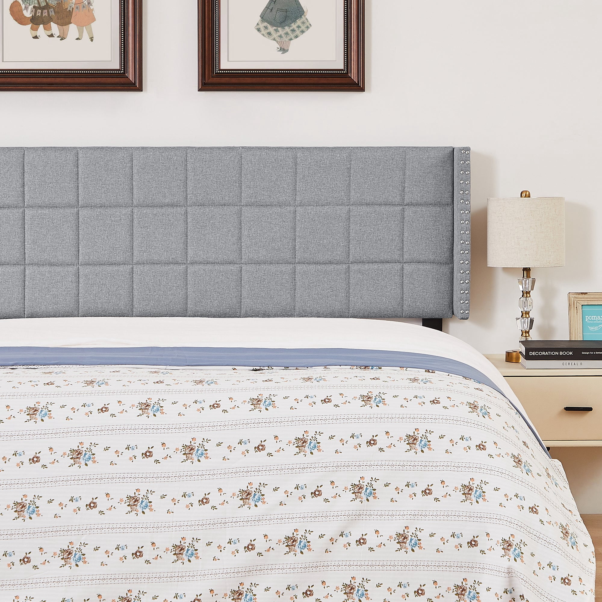 VECELO Queen Size Adjustable Height Upholstered Headboard, Modern Wingback Headboard with Double Nailhead Trimming and Button Tufting for Bedroom, Light Gray