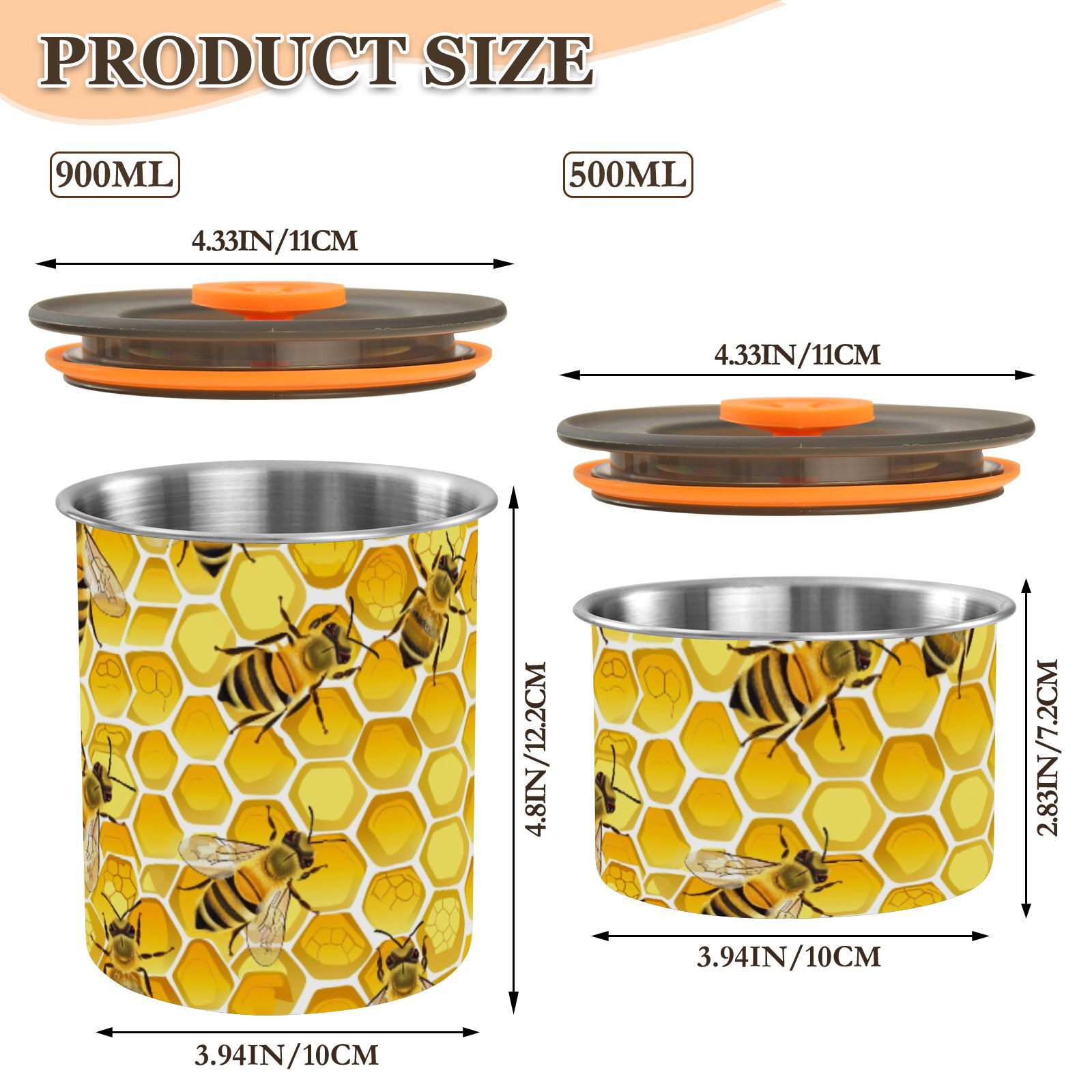 Bee Honeycomb Airtight Coffee Bean Canister 30oz Food Storage Containers with Lids For Gournd, Tea, Sugar, Flour, Rice, Cereal, Candy Cookie Jar