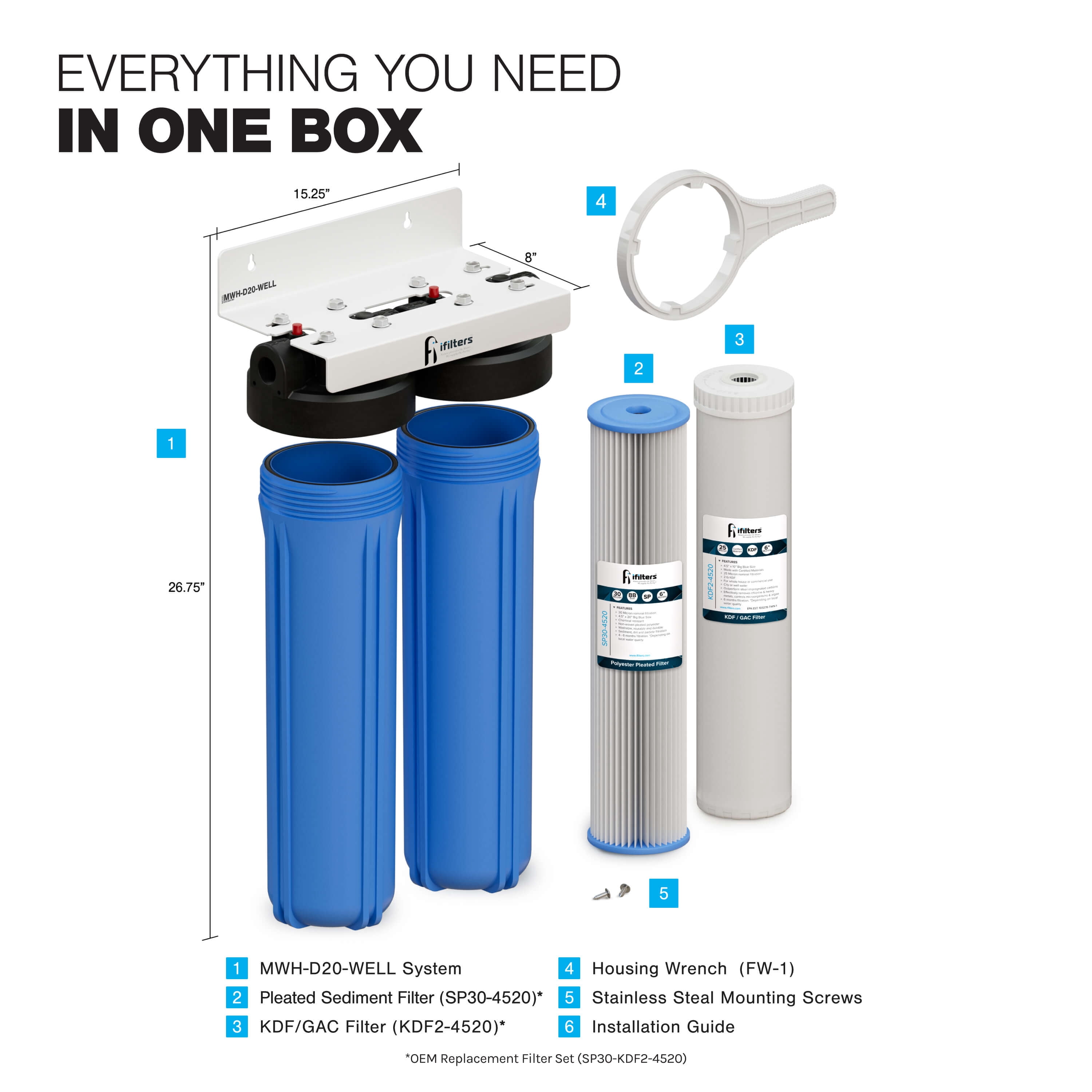 Well Water Whole House Filtration System 20" Dual Stage Complete Commercial Grade Sediment Odor Taste Rust 1" Ports
