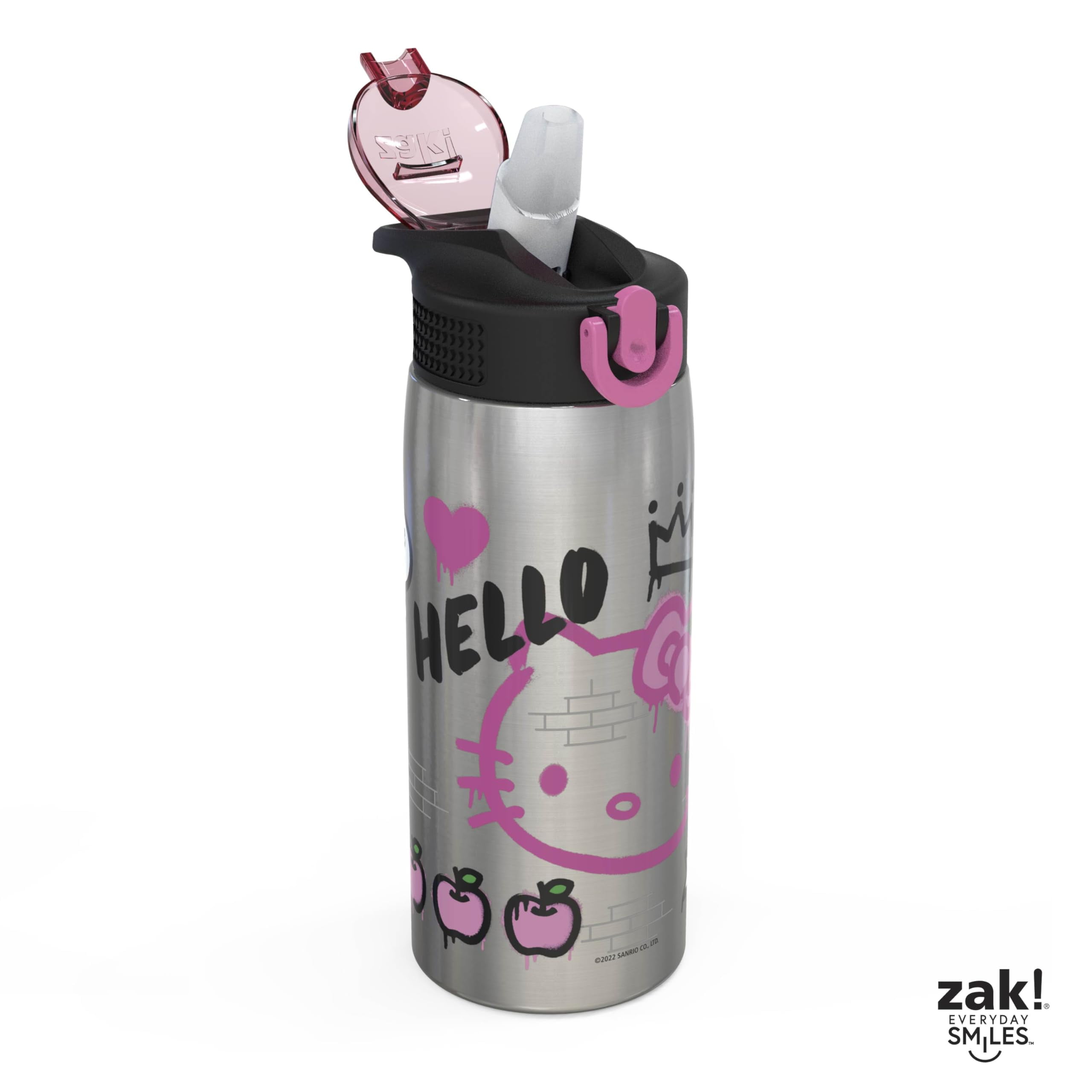 Zak Designs Sanrio Water Bottle for Travel and At Home, 19 oz Vacuum Insulated Stainless Steel with Locking Spout Cover, Built-In Carrying Loop, Leak-Proof Design (Hello Kitty)