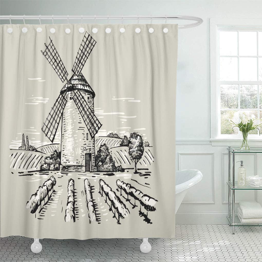 Cynlon Meadow Windmill Doodle Of Mill Line Sketch Agrarian Agriculture Bathroom Decor Bath Shower Curtain 66x72 Inch Walmart Com