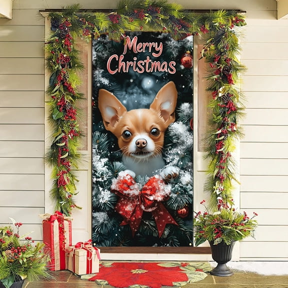 Kumdkd Christmas Door Cover Curtain Banner - Santa Claus & Dog-Themed Outdoor Holiday Decoration (90x180cm/35.43x70.87in), Multicolor Polyester Fabric for Festive Home Display