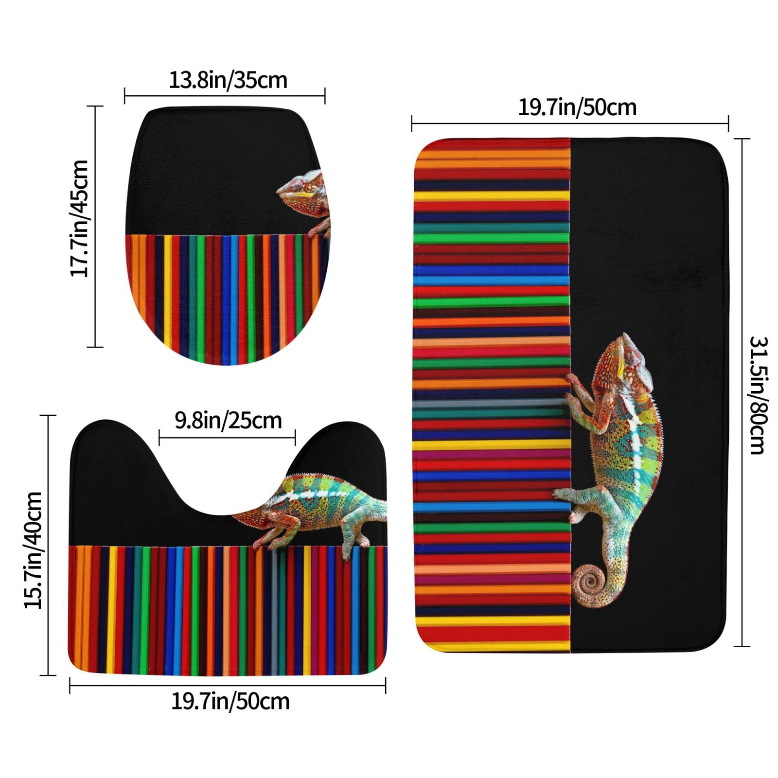Bathroom Rugs Sets 3 Piece - Chameleon Panther On Colored Pencils Absorbent Non Slip Bath Mats, U-Shape Toilet Lid Cover, Contour Mat, Soft Washable Shower Mats Bath Rug Mat for Bathroom Tub Toilet