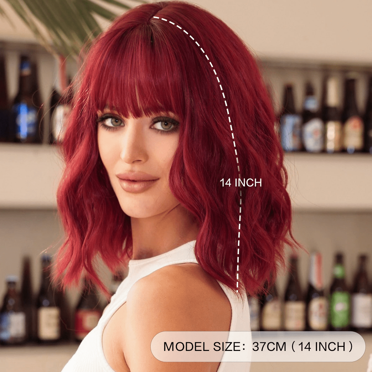 PEAKIN Fashion Wig 14 inch Women Red Short Curly Hair Natural Shaggy Short Bob Full Head with Bangs Wigs