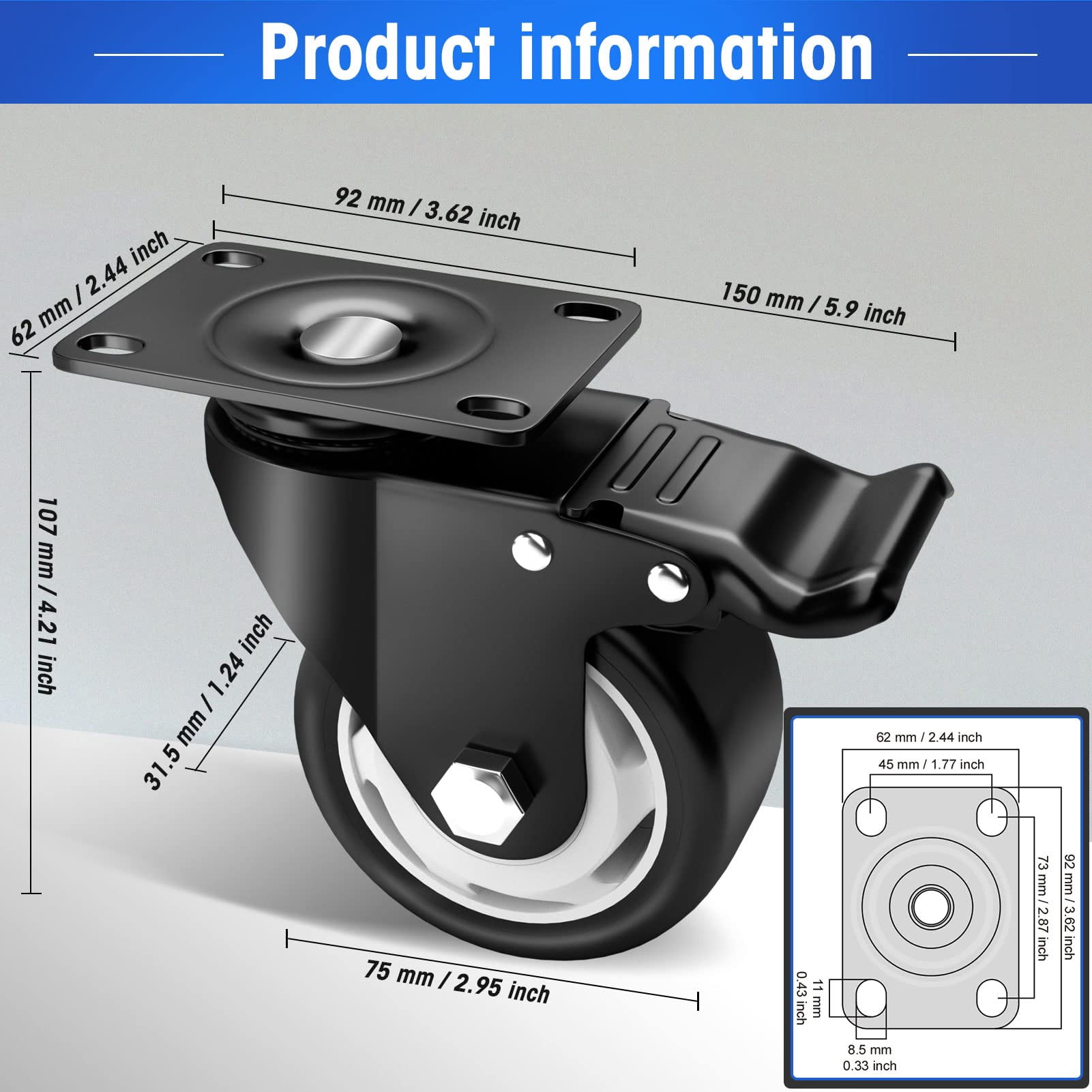 Caster Wheels - 3 Inch Casters Set of 4 Heavy Duty - ASHGOOB Black Polyurethane Castors, Top Plate Swivel Wheels, 4-Pack Industrial Casters with Brake, Locking Casters for Furniture and Workbench