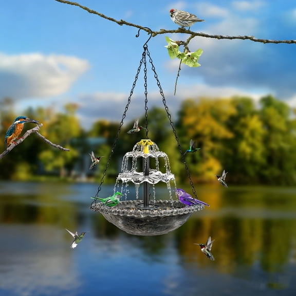 FYHALE Solar Bird Feeder Bird Bath with Fountain Pump, Outdoor Hanging Floating Bird Bath Feeder with Solar Fountain, Garden Bird Water Feeder Decoration for Patio Yard Lawn, Gray