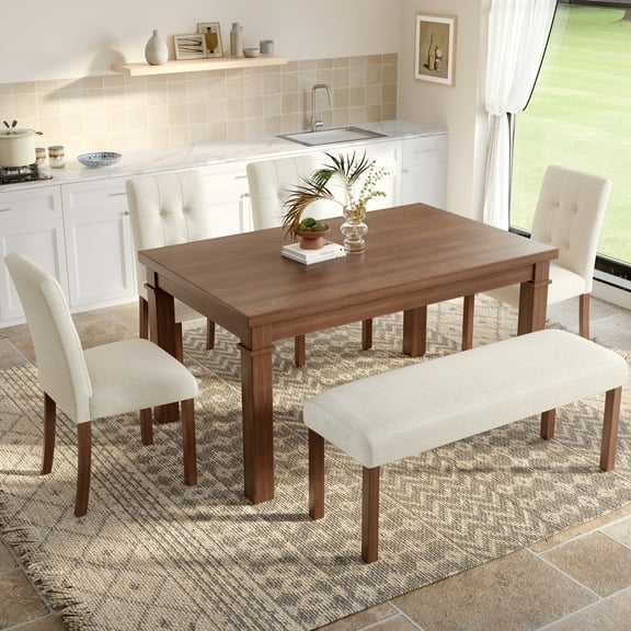 6 Piece Dining Table Set, Modern Style Rectangle Dining Table with 4 Upholstered Chairs & 1 Bench, Wood Kitchen Table Set for 6 Persons, Walnut