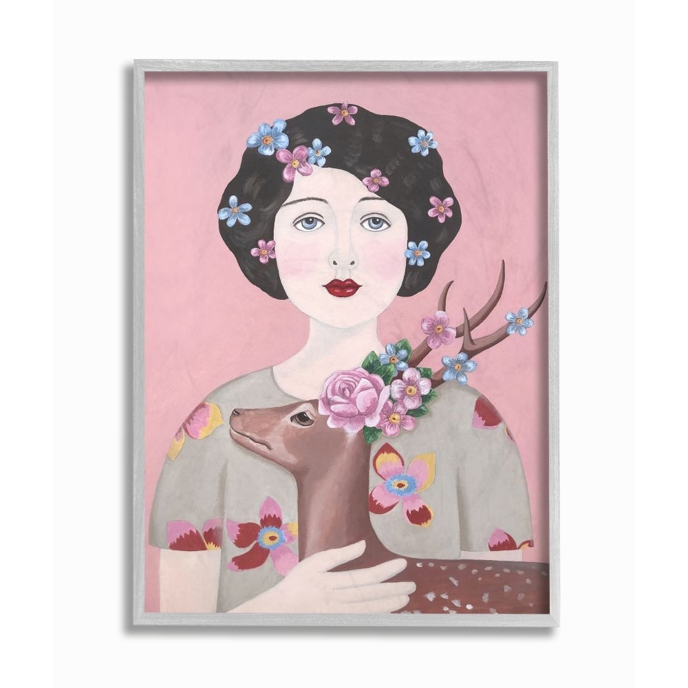 Stupell Industries Woman And Deer Pink Animal Painting Framed Wall Art by Sally B, 16" x 20", Gray Framed